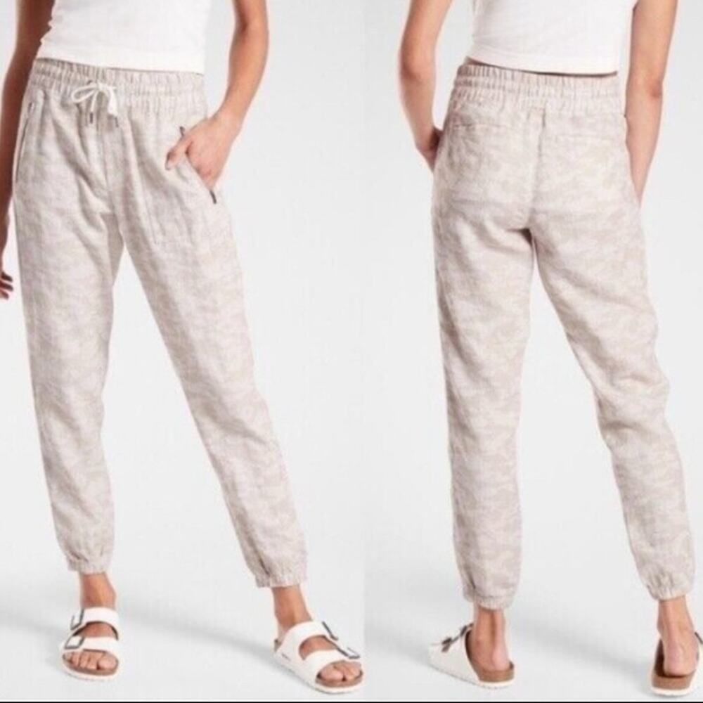 Athleta Cabo Tide 100% Linen Joggers Tan Camo Women’s Size 6 Drawstring Waist